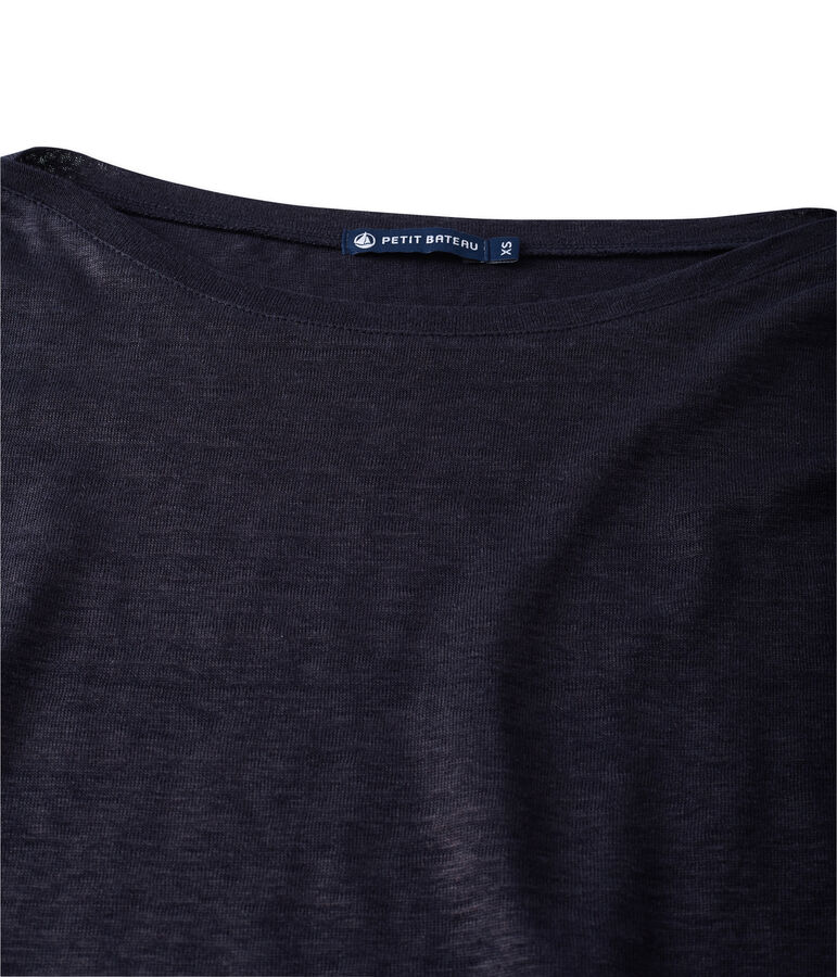 T-shirt femme manches longues en lin laqu&eacute; bleu/bleu