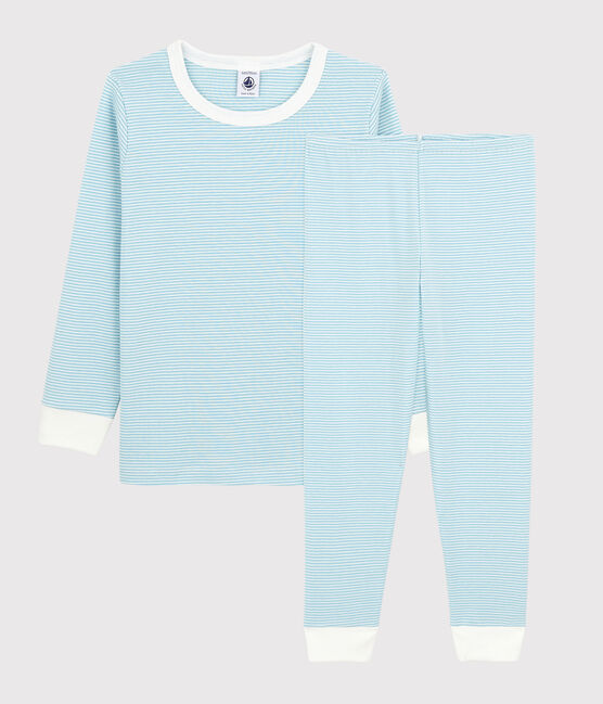 Pyjama rayé petit garçon en coton bleu TIKI/blanc MARSHMALLOW