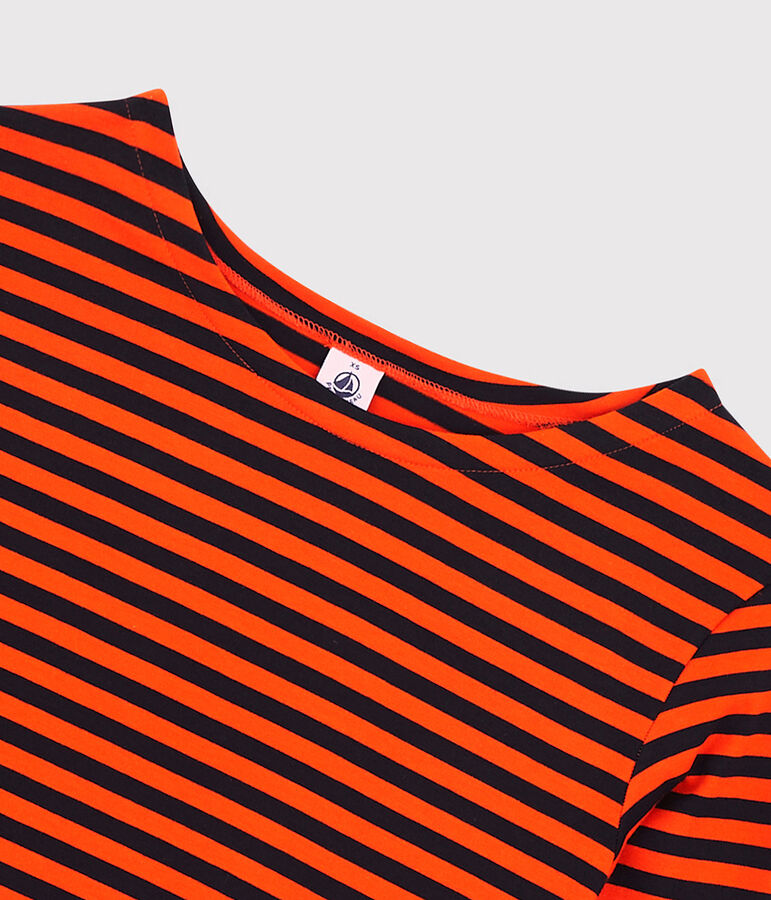 T-shirt marini&egrave;re en coton Femme bleu/orange
