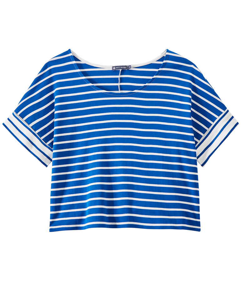 T-shirt femme oversize &agrave; rayures bleu PERSE/blanc MARSHMALLOW