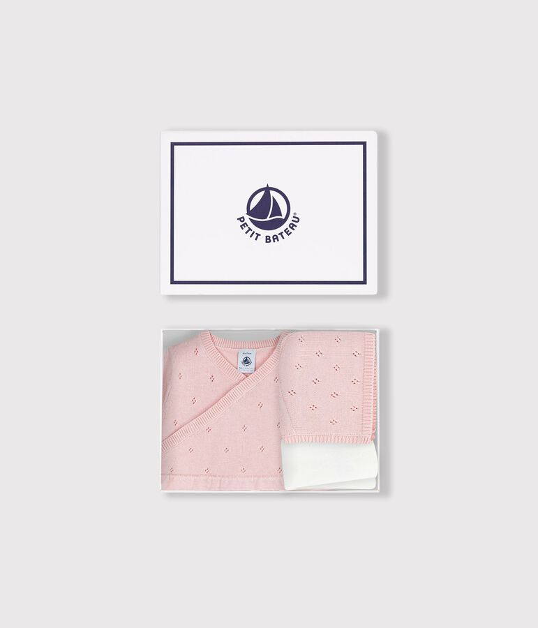 Ensemble cadeau b&eacute;b&eacute; beguin, barboteuse et collant en tricot multicouleur