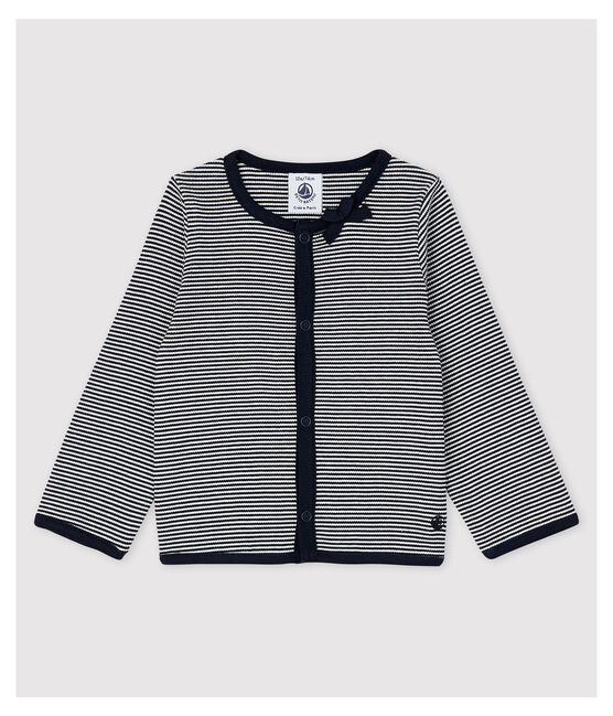 Cardigan milleraies en côte 2x2 bébé fille. bleu SMOKING/blanc MARSHMALLOW
