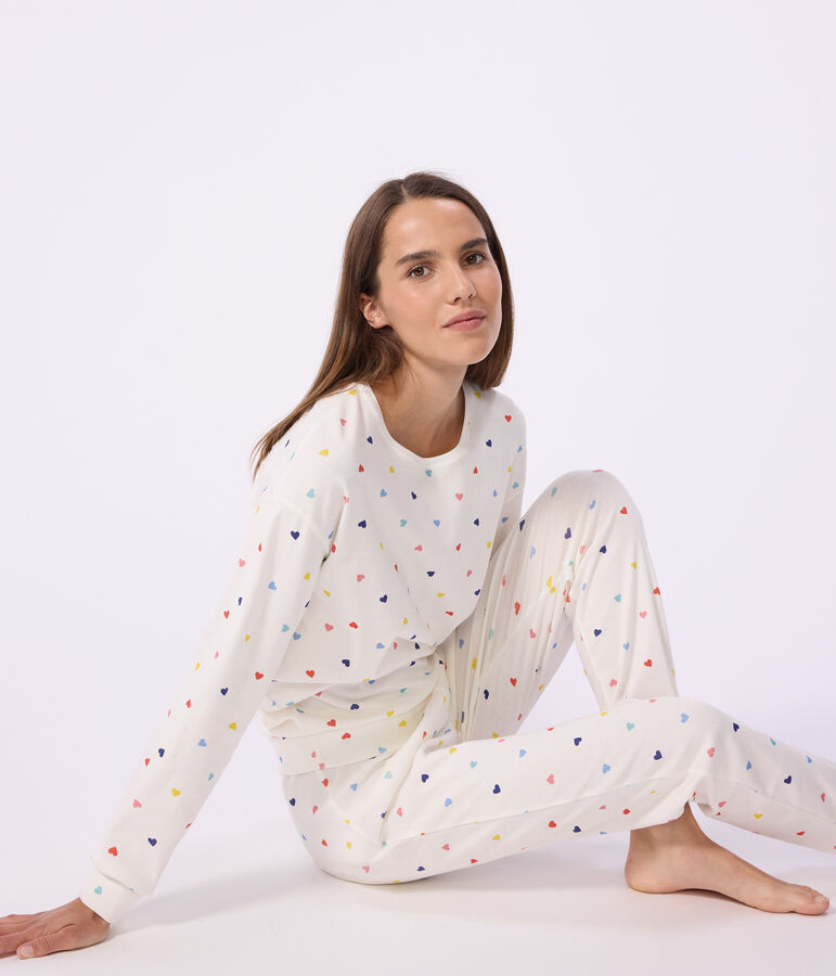Pyjama femme en coton et &eacute;lasthanne imprim&eacute; c&oelig;urs blanc MARSHMALLOW/blanc MULTICO