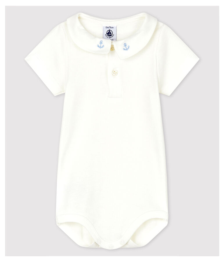 Body col brod&eacute; en coton b&eacute;b&eacute; gar&ccedil;on blanc MARSHMALLOW