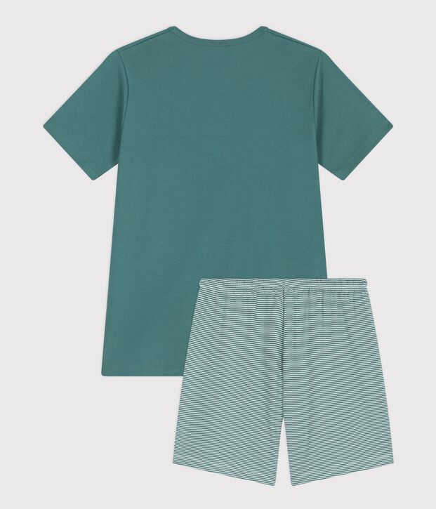 Pyjama short enfant en coton &agrave; rayures vert/blanc
