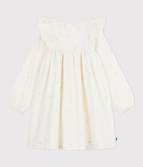 Robe enfant manches longues en velours unie écru MILK/ ARGENT