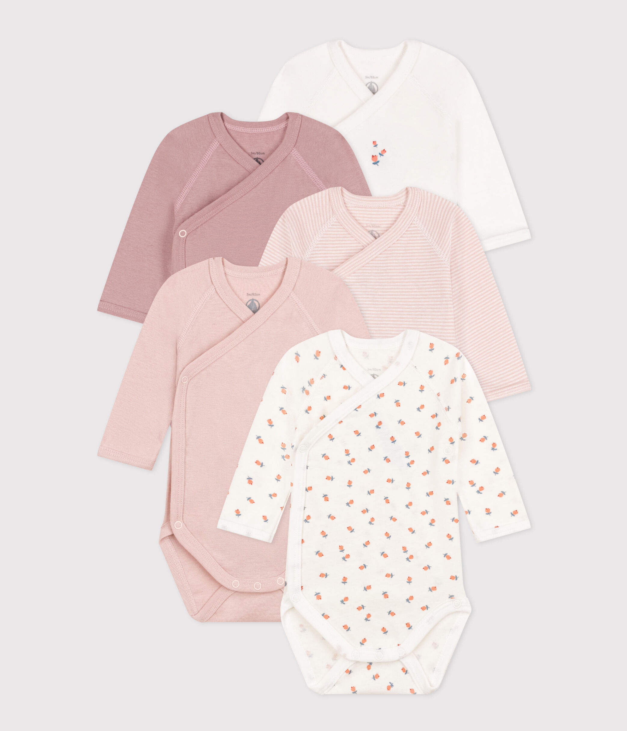 Lot De 3 Bodies Bébé Petit Bateau Manches Longues - Croisés, Imprimé Ours, Coton Extensible