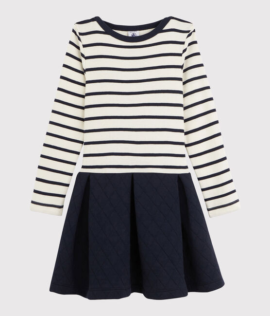 Robe bi-matière enfant fille beige COQUILLE/bleu ABYSSE