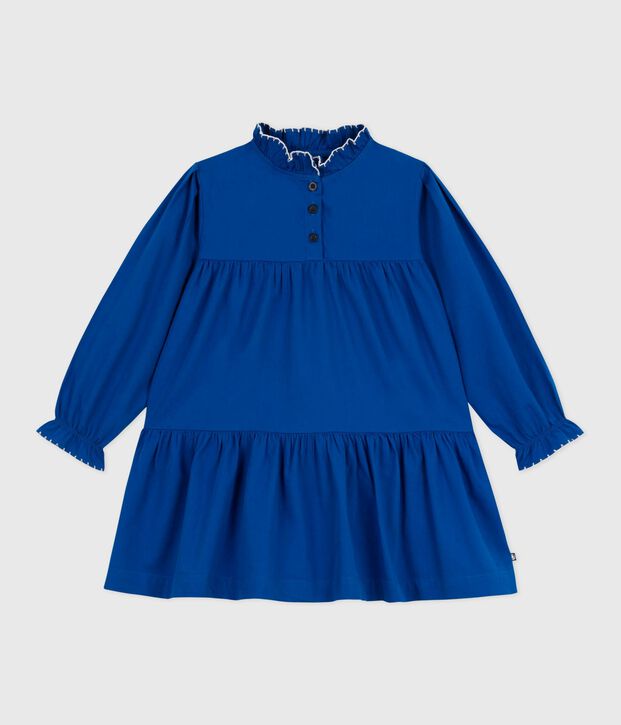 Robe enfant manches longues en coton unie bleu