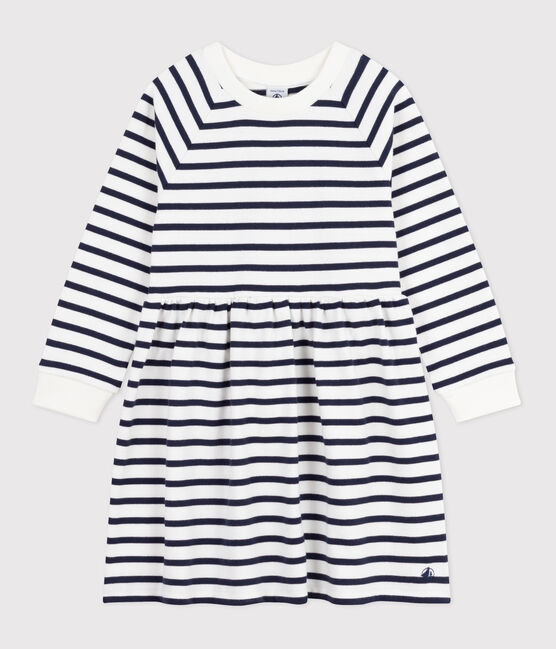 Robe enfant en coton manches longues à rayures blanc MARSHMALLOW/bleu SMOKING