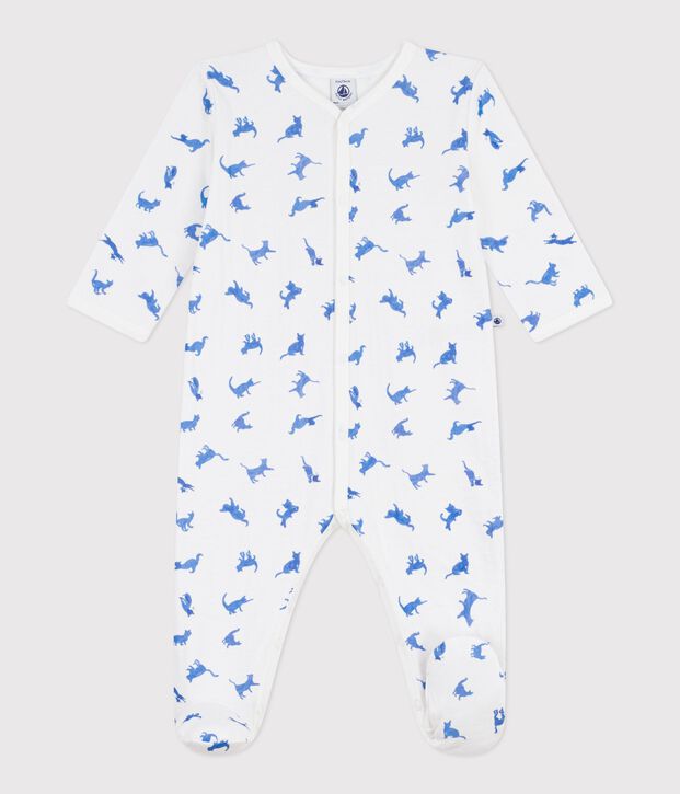 Pyjama b&eacute;b&eacute; en tubique imprim&eacute; chat blanc/bleu