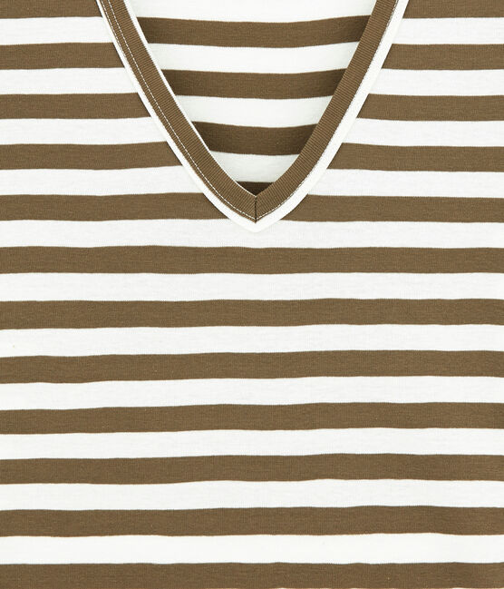 T-shirt femme col V en côte originale rayée marron SHITAKE/blanc MARSHMALLOW
