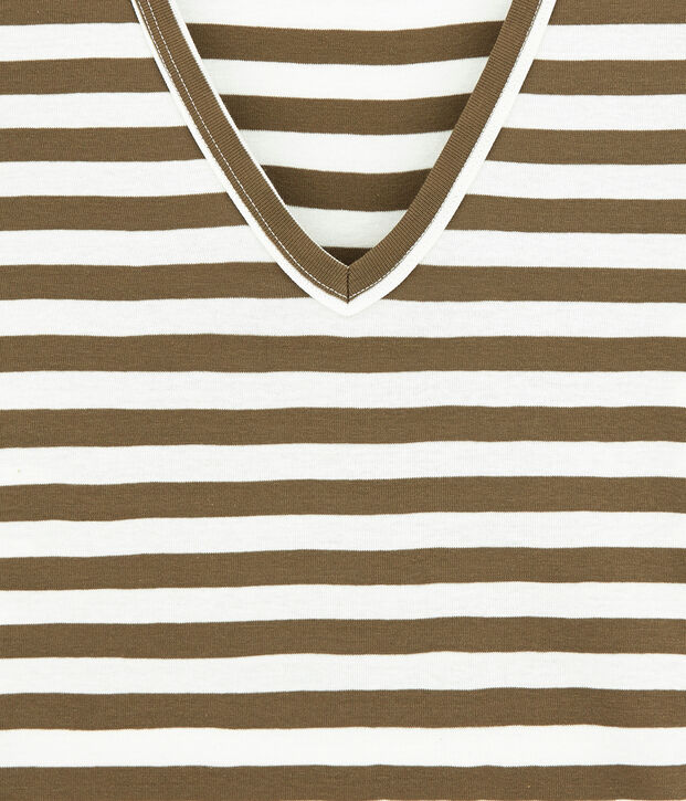 T-shirt femme col V en c&ocirc;te originale ray&eacute;e marron/blanc