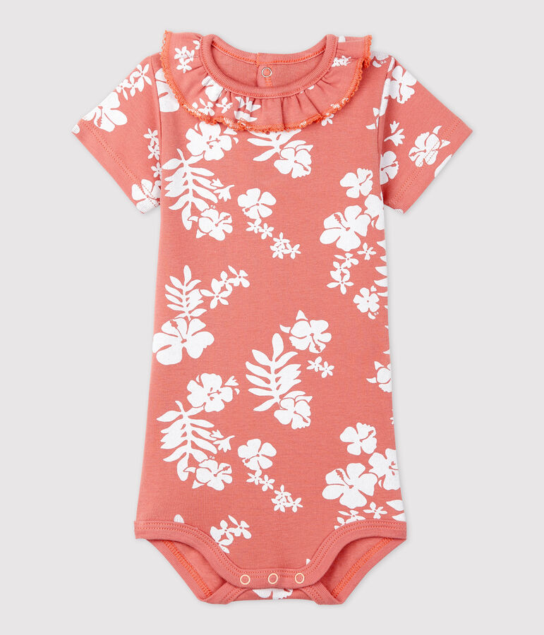 Body imprim&eacute; Hawai avec collerette en coton b&eacute;b&eacute; rose/blanc