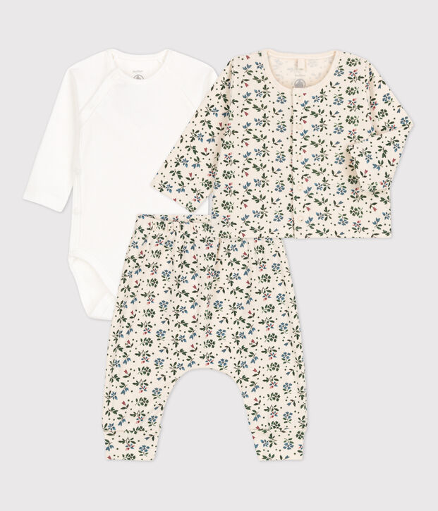 Ensemble 3 pi&egrave;ces b&eacute;b&eacute; en coton imprim&eacute; fleuri &eacute;cru/multicouleur