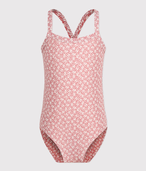 Maillot de bain 1 pi&egrave;ce imprim&eacute; enfant fille rose/blanc