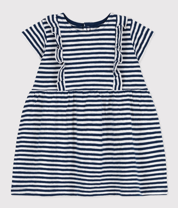 Robe manches courtes b&eacute;b&eacute; en jersey flamm&eacute; ray&eacute; bleu/blanc