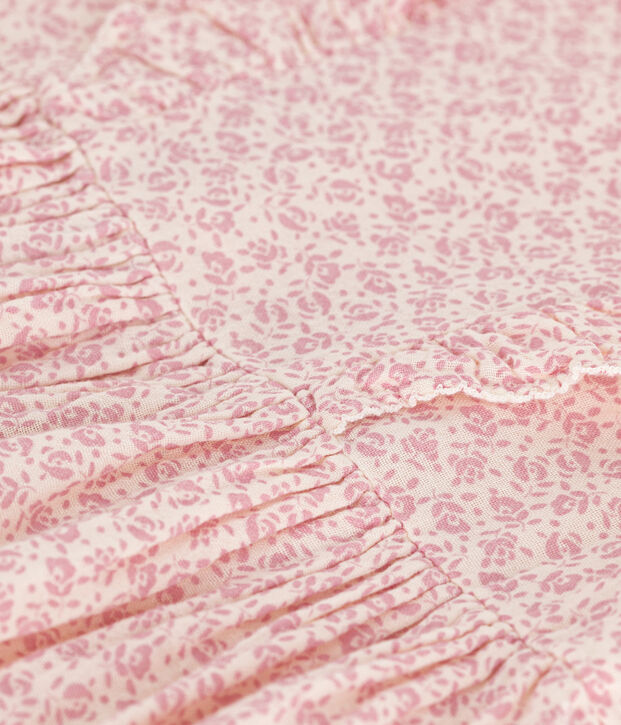 Robe imprim&eacute;e manches courtes en gaze de coton enfant fille &eacute;cru/rose