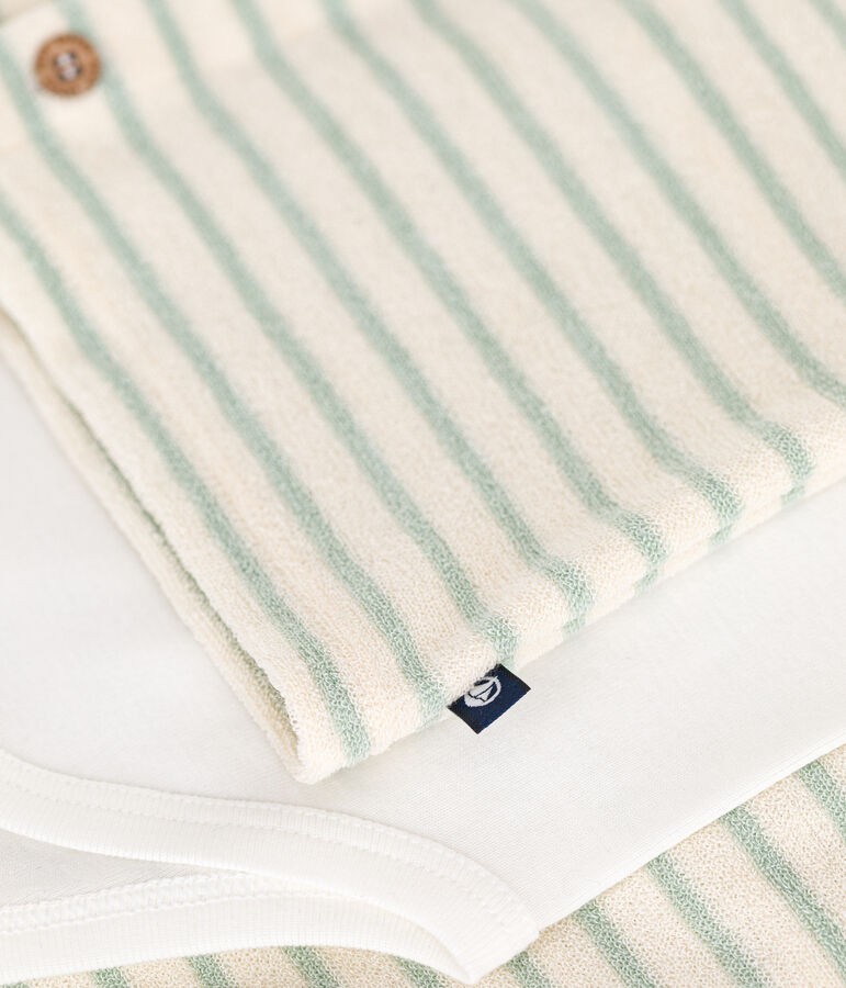 Ensemble 3 pi&egrave;ces en bouclette &eacute;ponge b&eacute;b&eacute; &eacute;cru/vert