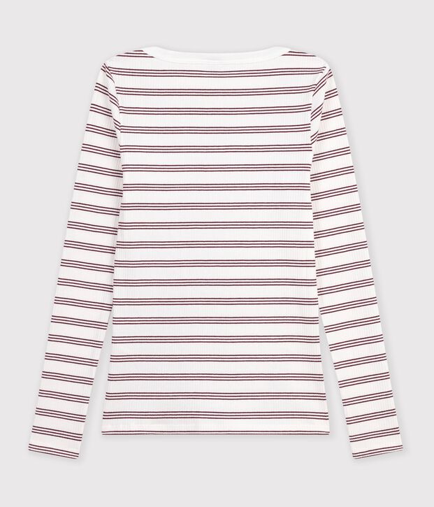 Tee-shirt femme col amiral en coton manches longues &agrave; rayures blanc/rouge