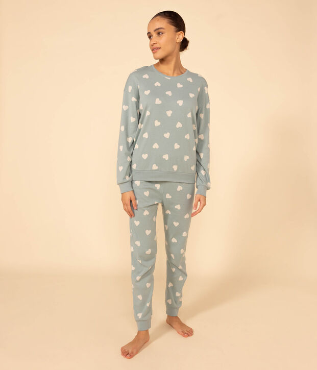 Pyjama c&oelig;ur femme en coton vert/&eacute;cru