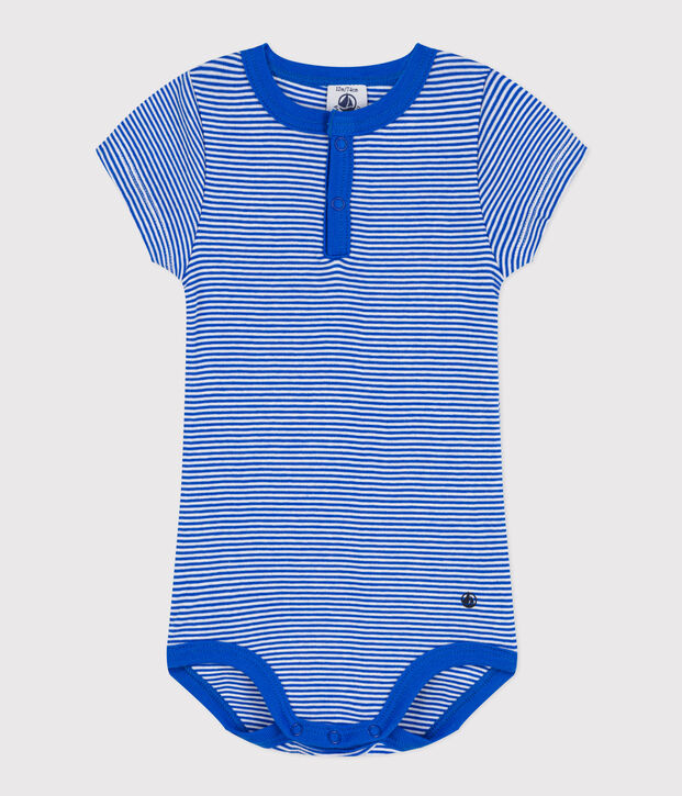 Body manches courtes b&eacute;b&eacute; ray&eacute; milleraies en coton bleu/blanc