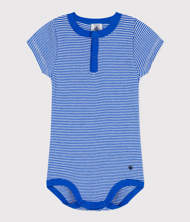 Body manches courtes b&eacute;b&eacute; ray&eacute; milleraies en coton bleu PERSE/blanc MARSHMALLOW