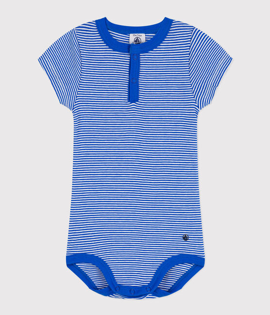 Body manches courtes bébé rayé milleraies en coton bleu PERSE/blanc MARSHMALLOW
