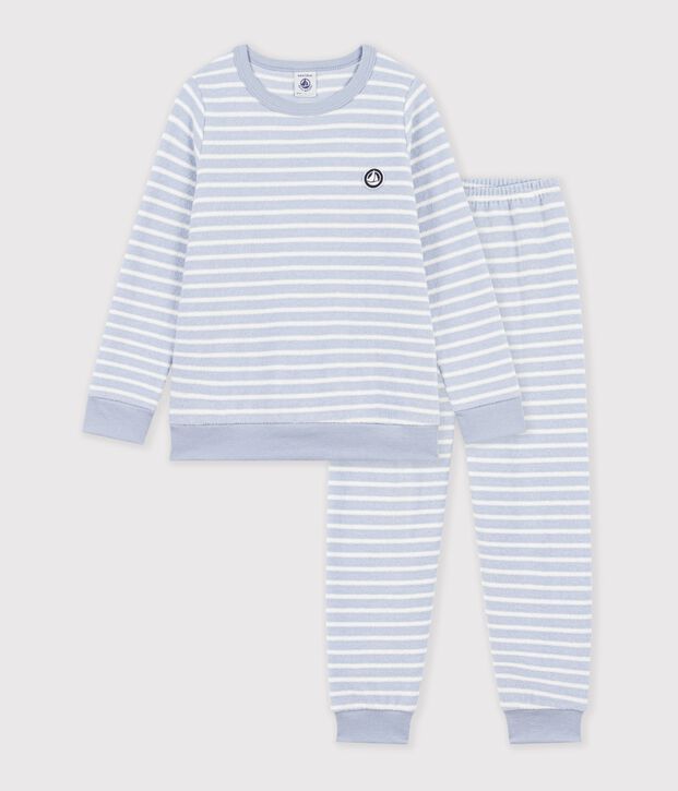 Pyjama enfant en coton &eacute;ponge &agrave; rayures bleu/&eacute;cru