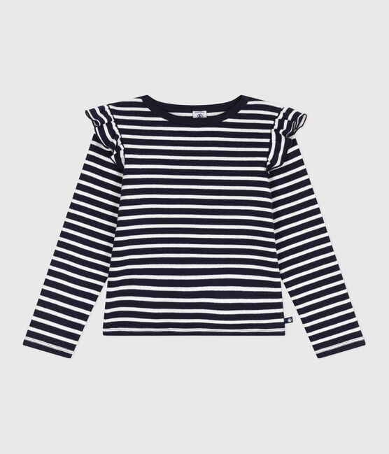 Teeshirt enfant en coton manches longues à rayures bleu SMOKING/blanc MARSHMALLOW