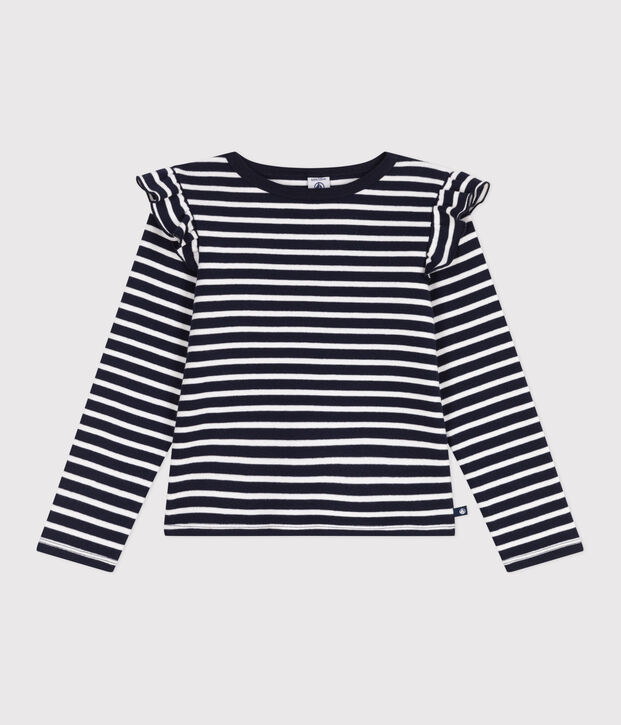 Teeshirt enfant en coton manches longues &agrave; rayures bleu/blanc