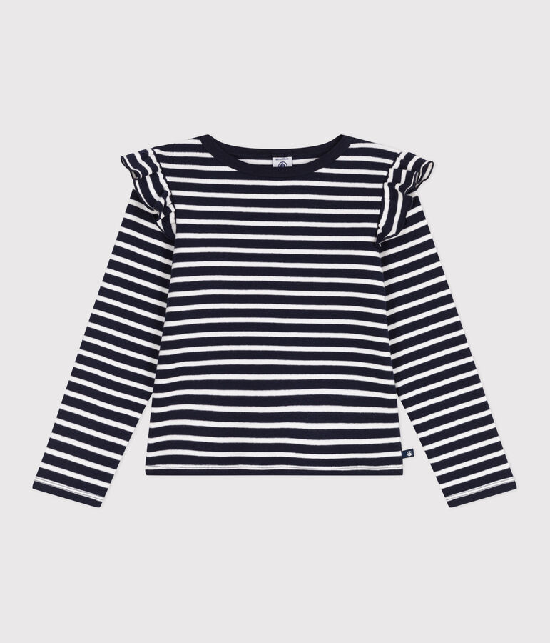 Teeshirt enfant en coton manches longues &agrave; rayures bleu/blanc