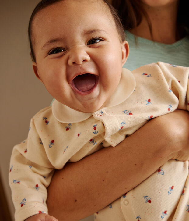 Combinaison b&eacute;b&eacute; en coton &agrave; col, imprim&eacute; fleuri &eacute;cru/multicouleur