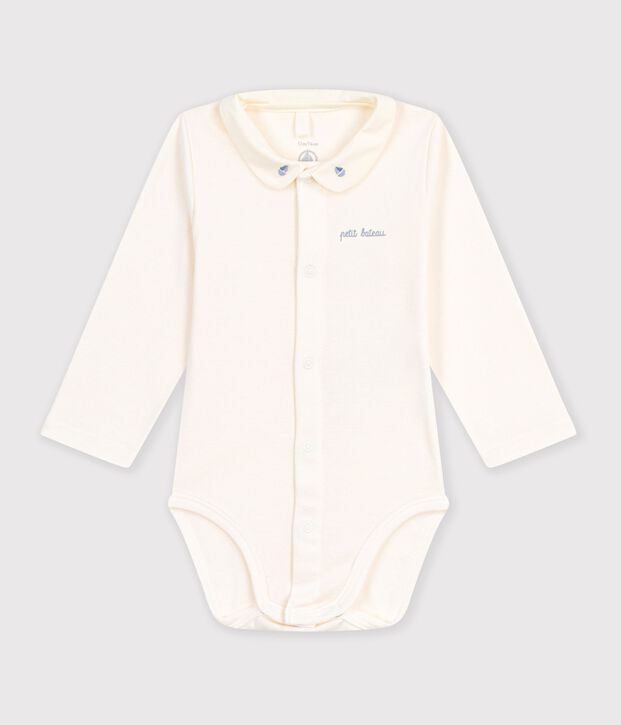 Body b&eacute;b&eacute; en coton manches longues &agrave; col brod&eacute; uni bleu/bleu