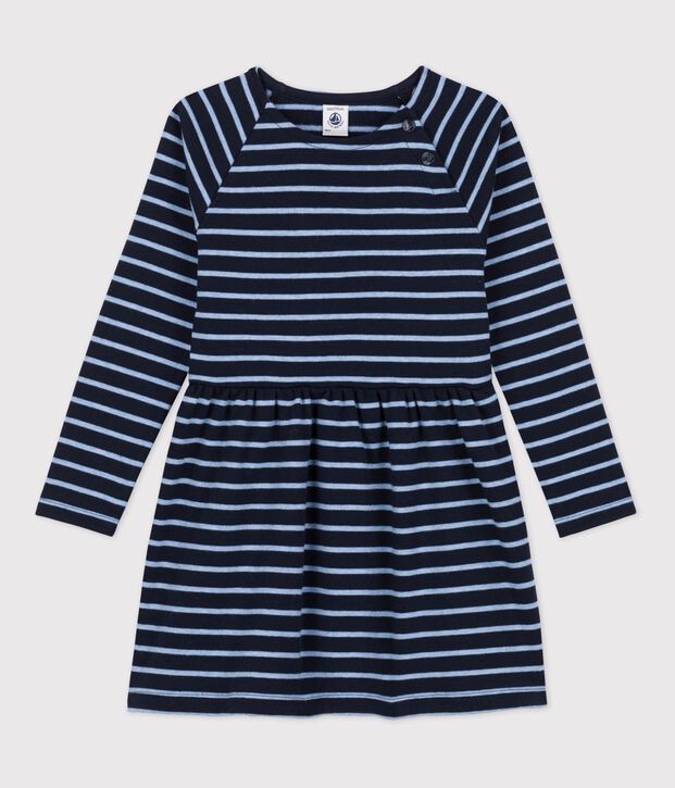 Robe chaude en coton ray&eacute;e manches longues enfant fille bleu/bleu