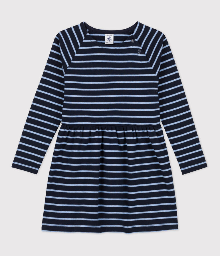 Robe chaude en coton ray&eacute;e manches longues enfant fille bleu SMOKING/ SKY CHINE