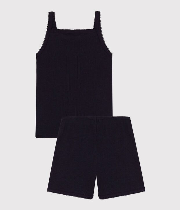 Pyjacourt &agrave; bretelles uni en coton et lyocell petite fille bleu