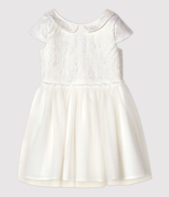 Robe cérémonie en jacquard et tulle enfant fille blanc MARSHMALLOW