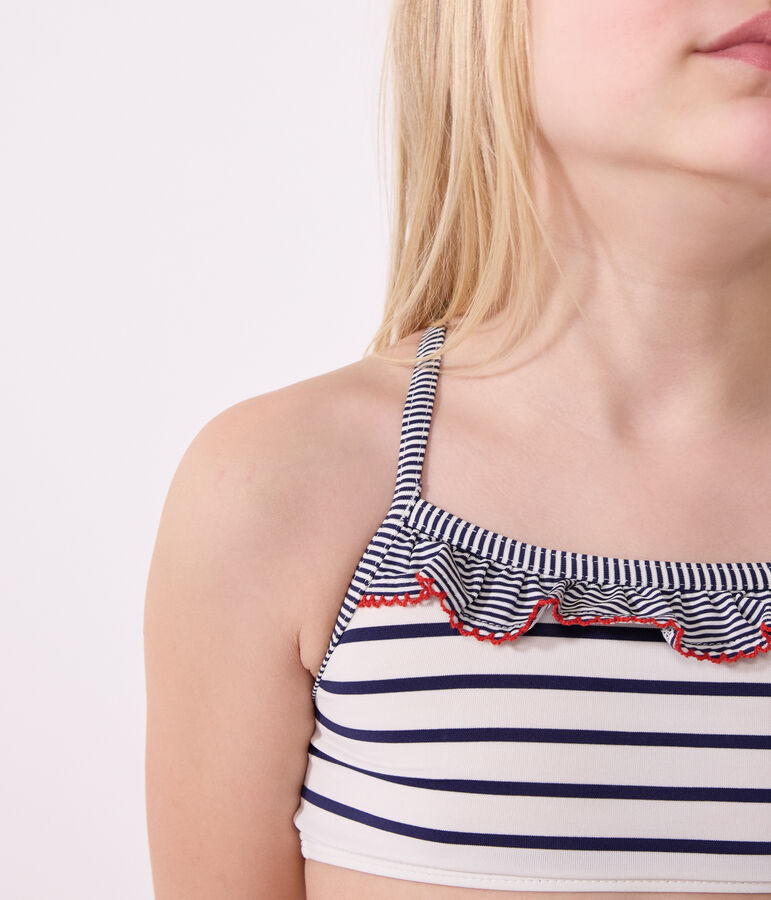 Maillot de bain deux pi&egrave;ces enfant &agrave; rayures blanc MARSHMALLOW/bleu MEDIEVAL