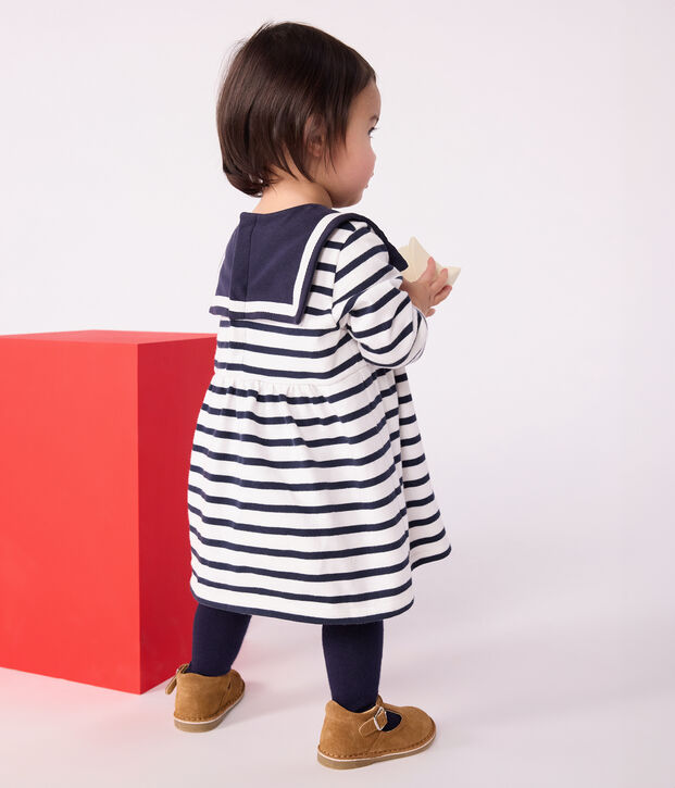 Robe marini&egrave;re b&eacute;b&eacute; en coton &eacute;pais manches longues blanc/bleu