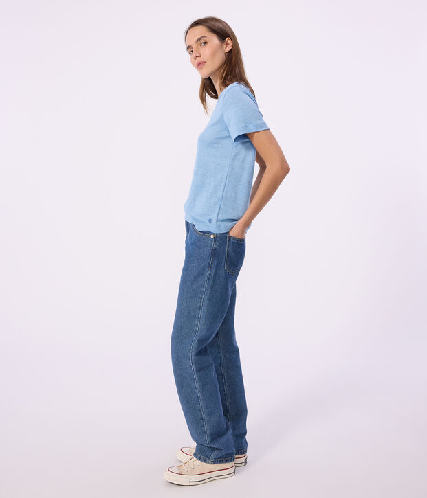 Tee-shirt femme en lin manches courtes uni bleu clair