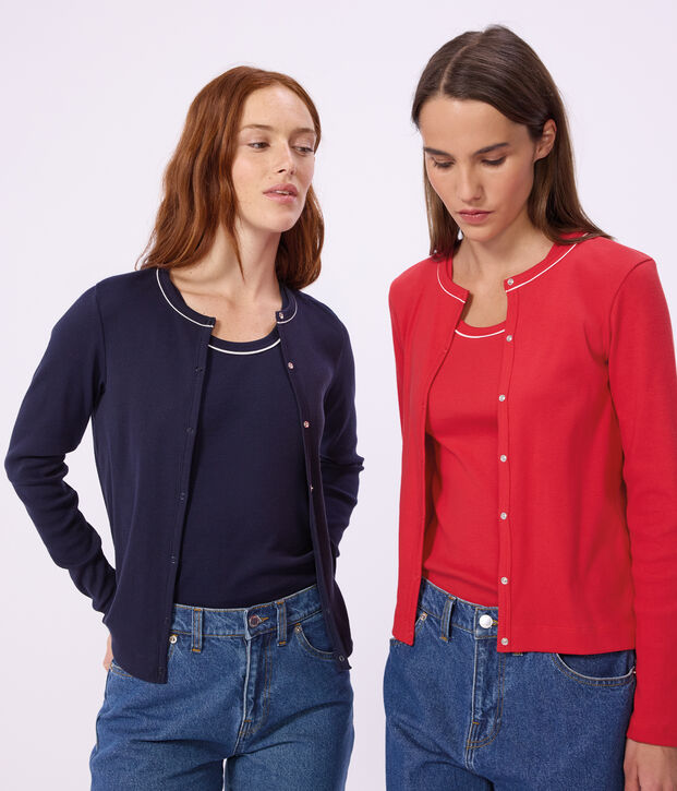 Cardigan femme en coton uni bleu marine