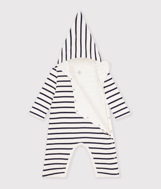 Combinaison b&eacute;b&eacute; &agrave; capuche ray&eacute;e blanc/bleu