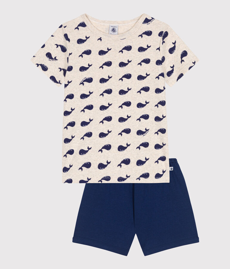 Pyjama short enfant en coton imprim&eacute; baleines bleu MEDIEVAL/blanc MULTICO