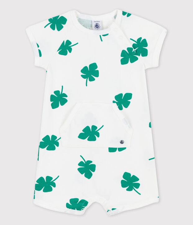 Combinaison courte imprim&eacute; v&eacute;g&eacute;tal en molleton b&eacute;b&eacute; blanc/vert