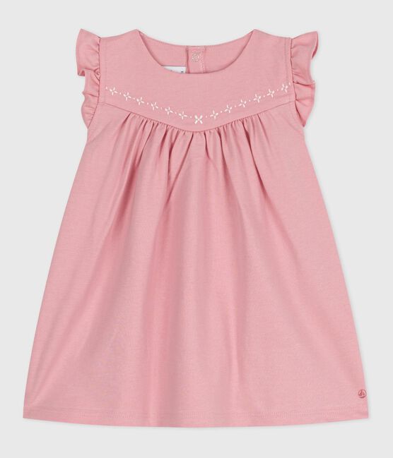 Robe bébé en coton sans manches unie et détails brodés au col rose CHARME