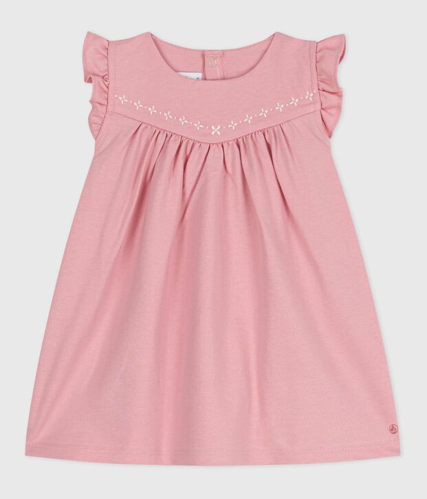 Robe b&eacute;b&eacute; en coton sans manches unie et d&eacute;tails brod&eacute;s au col rose