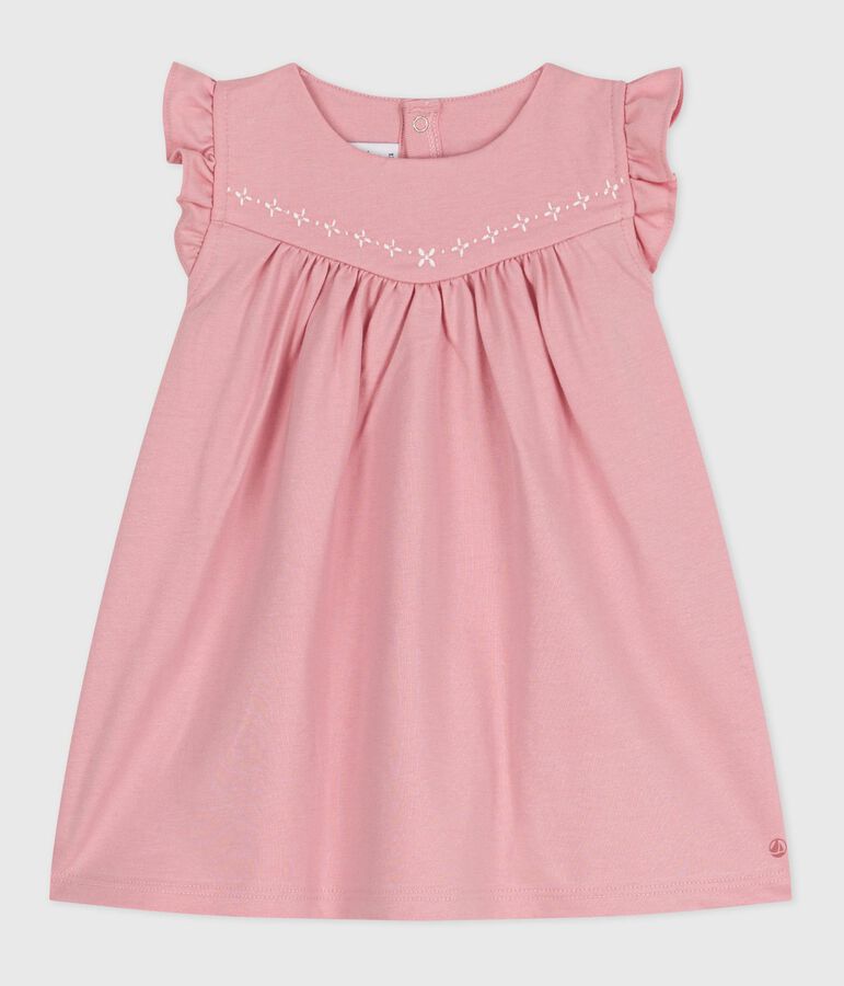 Robe b&eacute;b&eacute; en coton sans manches unie et d&eacute;tails brod&eacute;s au col rose CHARME