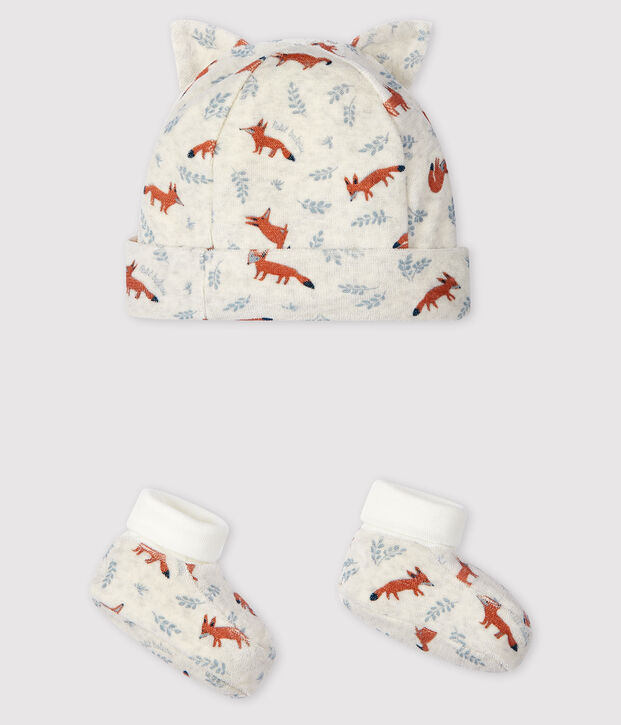 Lot bonnet naissance et chaussons renard b&eacute;b&eacute; gar&ccedil;on en velours beige/multicouleur