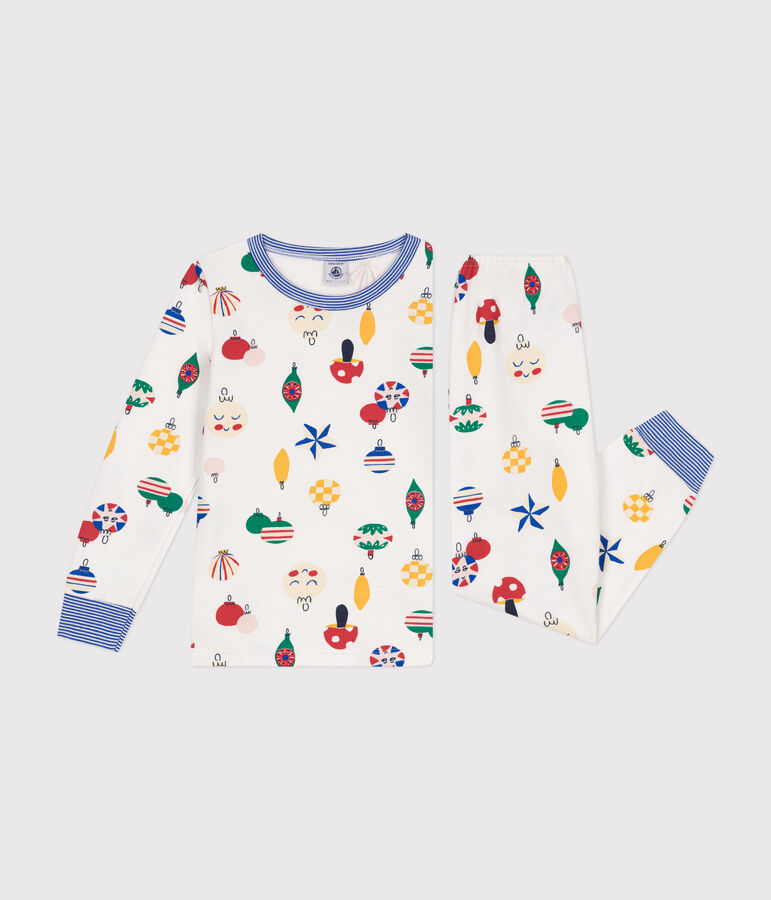 Pyjama en molleton gratt&eacute; imprim&eacute; boules de No&euml;l enfant blanc MARSHMALLOW/blanc MULTICO